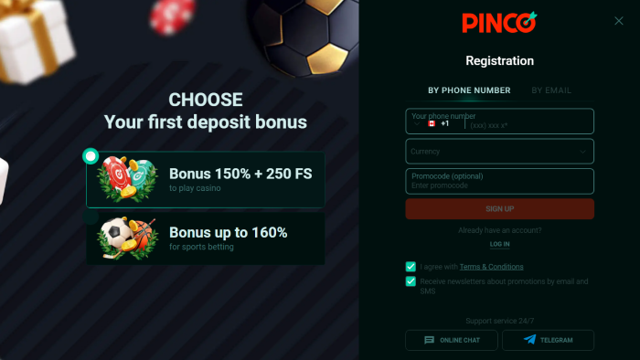 Регистрация в Pinco для игры в Le Bandit 